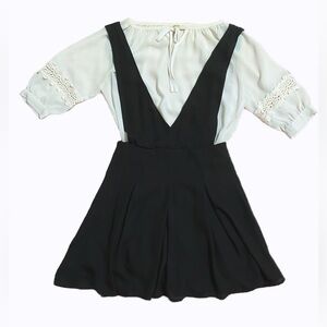 Women’s Overall Black Dress with Lace Sleeves White Blouse Flowing Flare Skirt